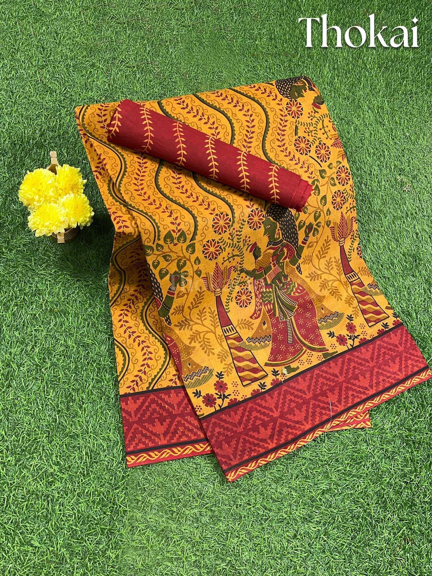 Yellow and red printed cotton saree