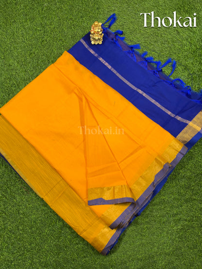 Yellow and blue magizham semi linen silk saree