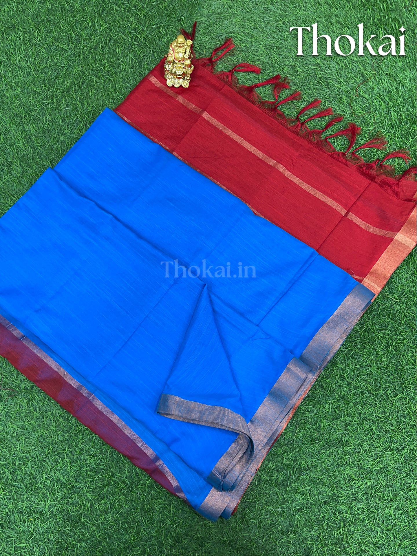 Blue and red magizham semi linen silk saree