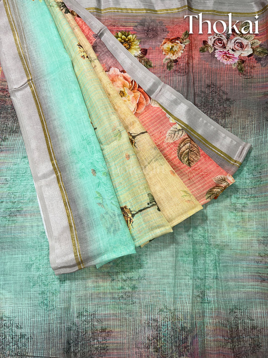 Multi color digital linen saree
