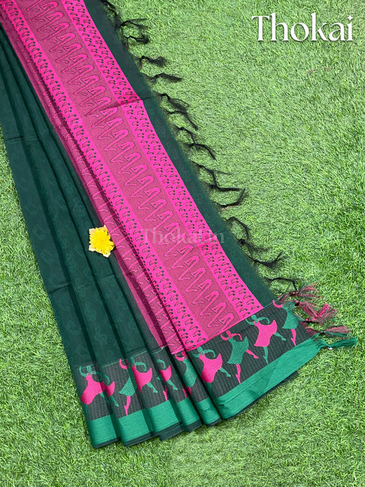 Green and pink chanderi silk cotton saree