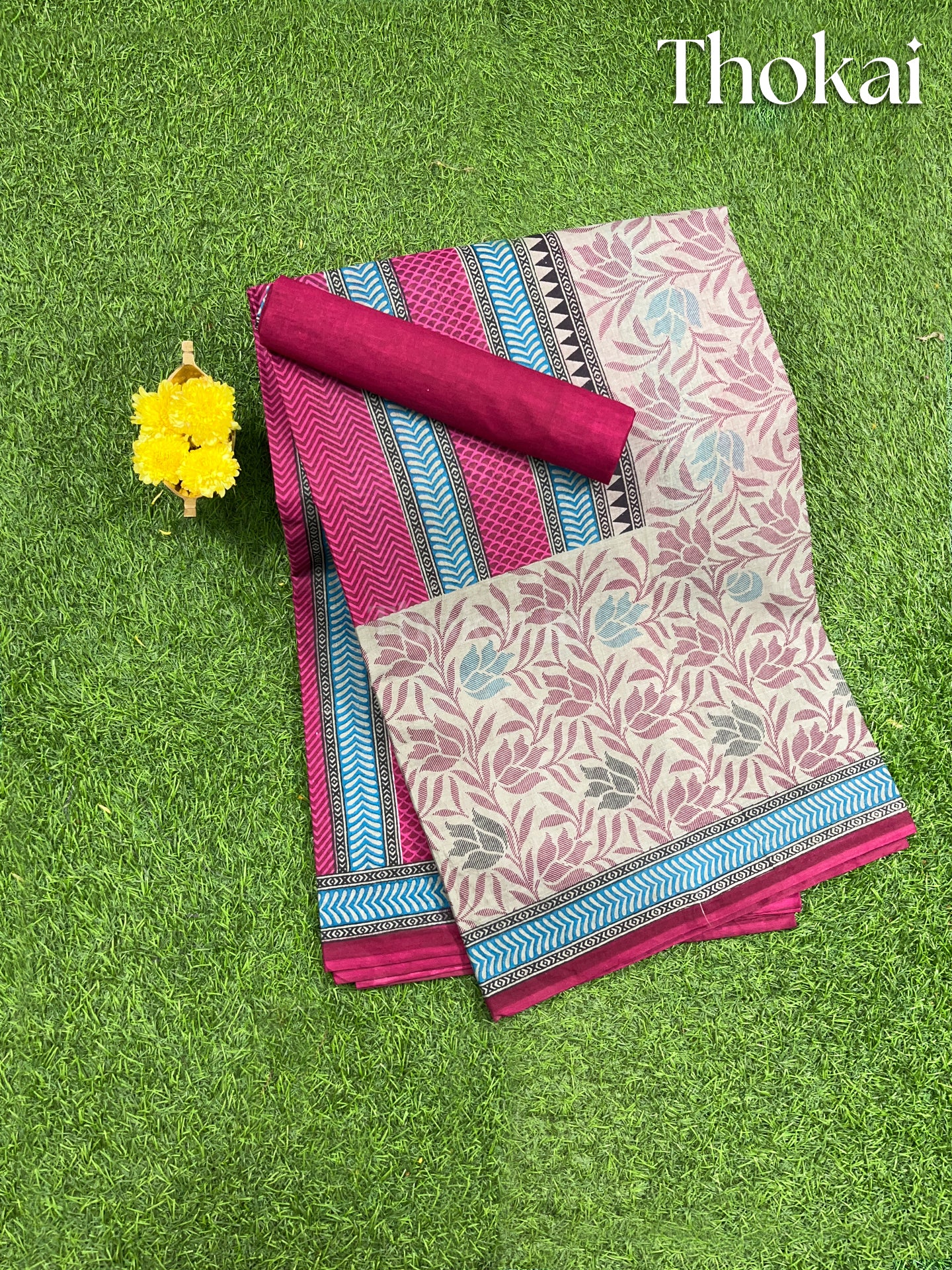 Beet red and blue printed cotton saree
