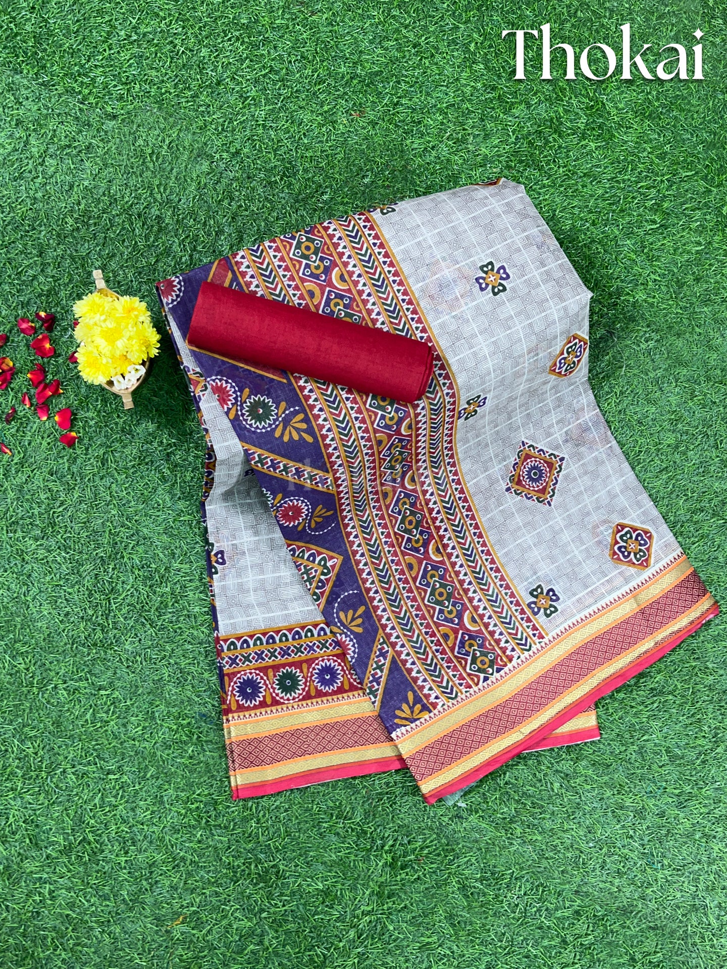 Ash and multi color printed cotton saree