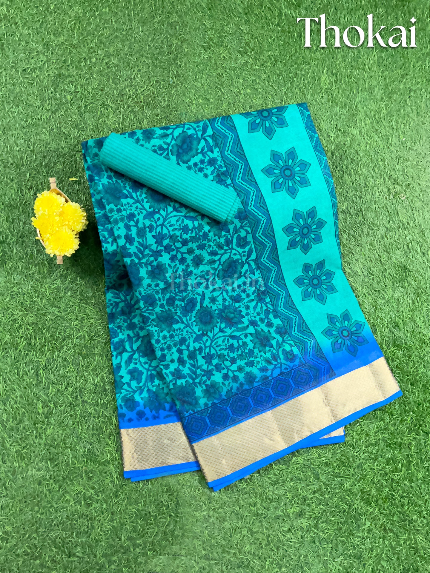 Turquoise and blue printed cotton saree