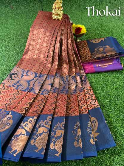 Dual shade of brown and blue semi silk saree