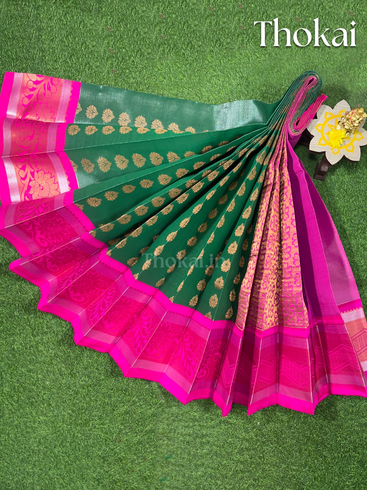 Green and pink tissue semi silk saree