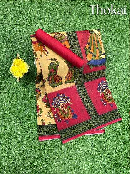 Sandal and maroon printed cotton saree