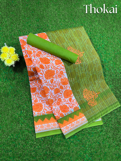 Orange and green embroidered cotton saree