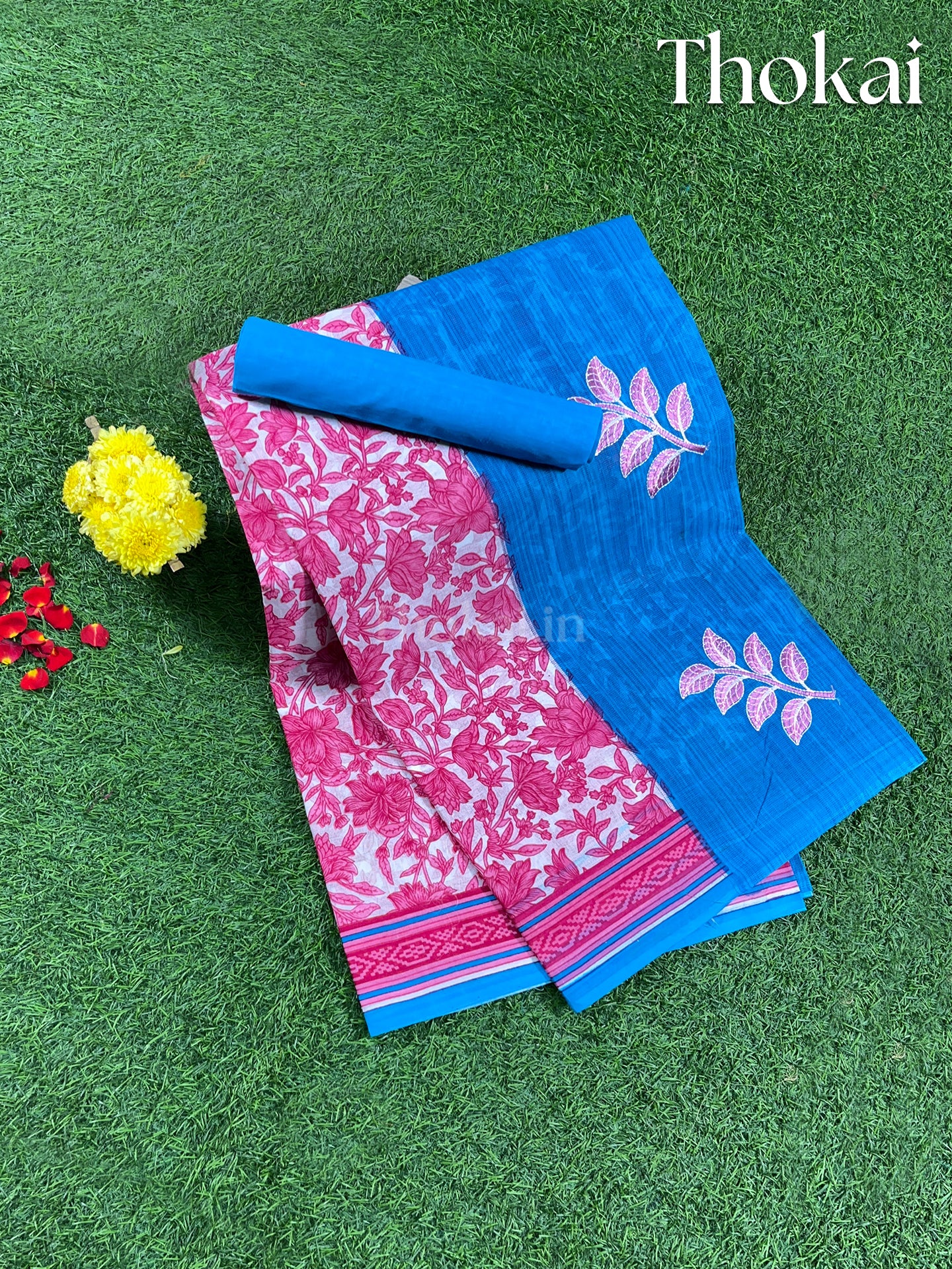 Pink and blue embroidered cotton saree