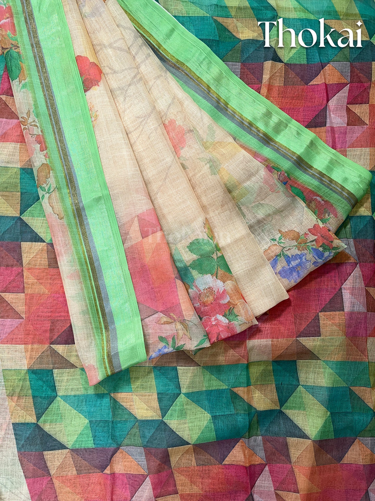 Sandal and green digital linen saree