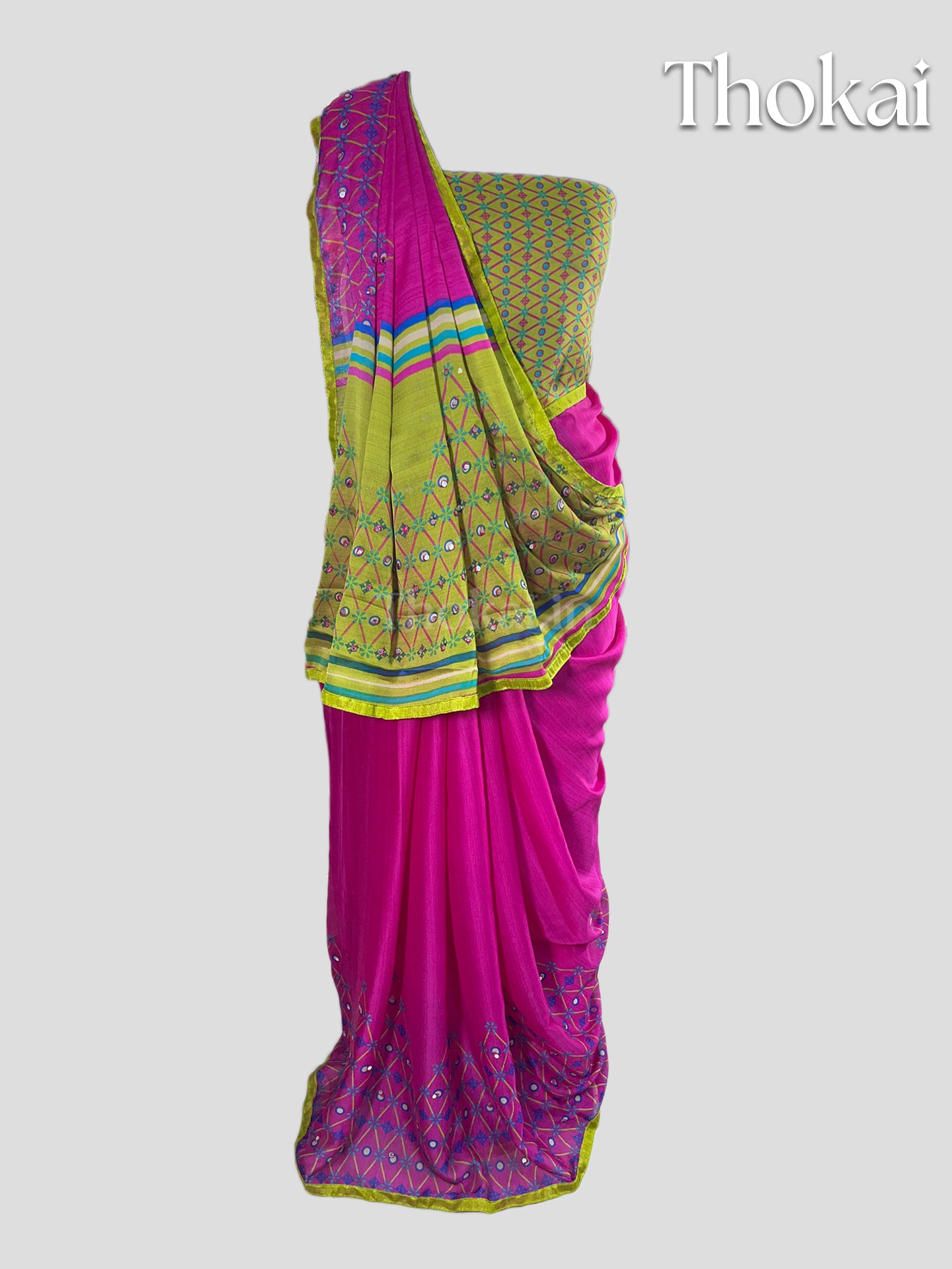 Pink and green georgette saree