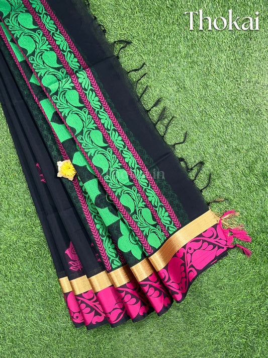 Black and green chanderi silk cotton saree