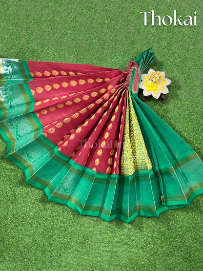 Red and green tissue semi silk saree