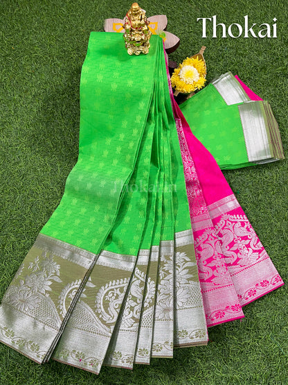 Green and pink semi silk saree