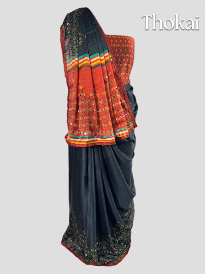 Dark grey and brick color georgette saree