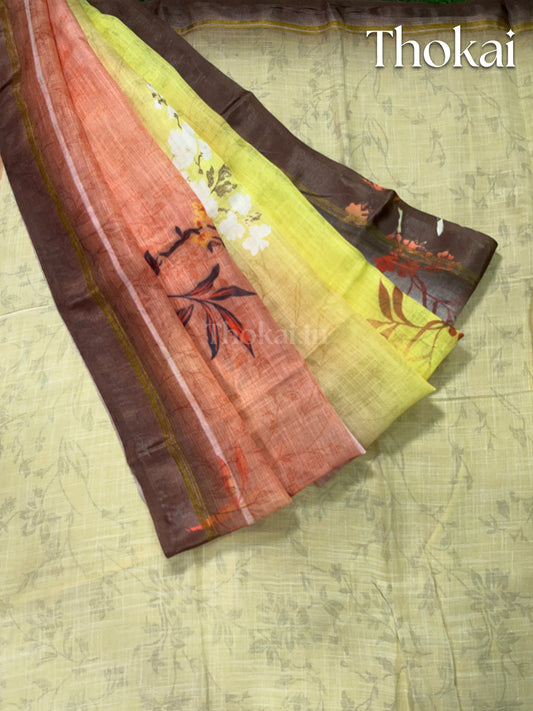 Mixed yellow shades digital linen saree