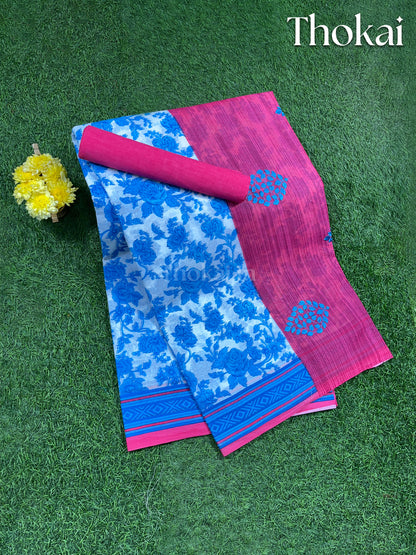 Blue and pink embroidered cotton saree