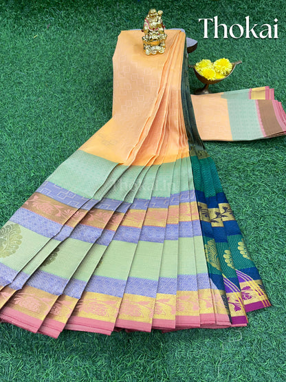 Cream and green with pink semi silk saree