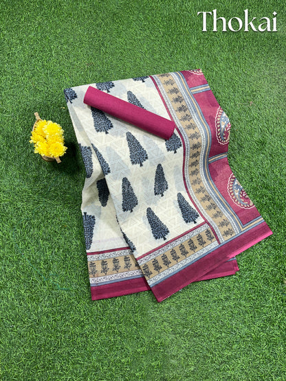 White and pink printed cotton saree