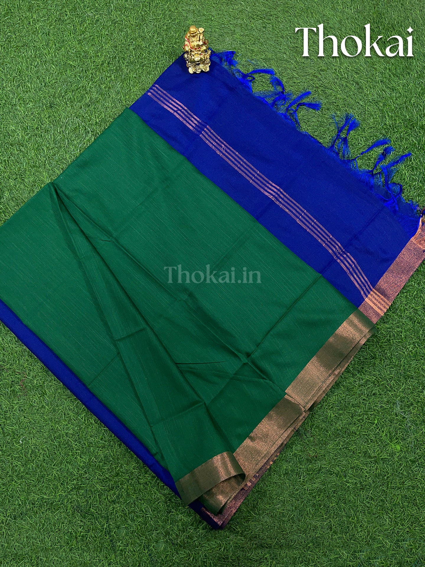 Green and royal blue magizham semi linen silk saree