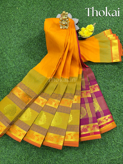 Yellow and maroon semi silk saree