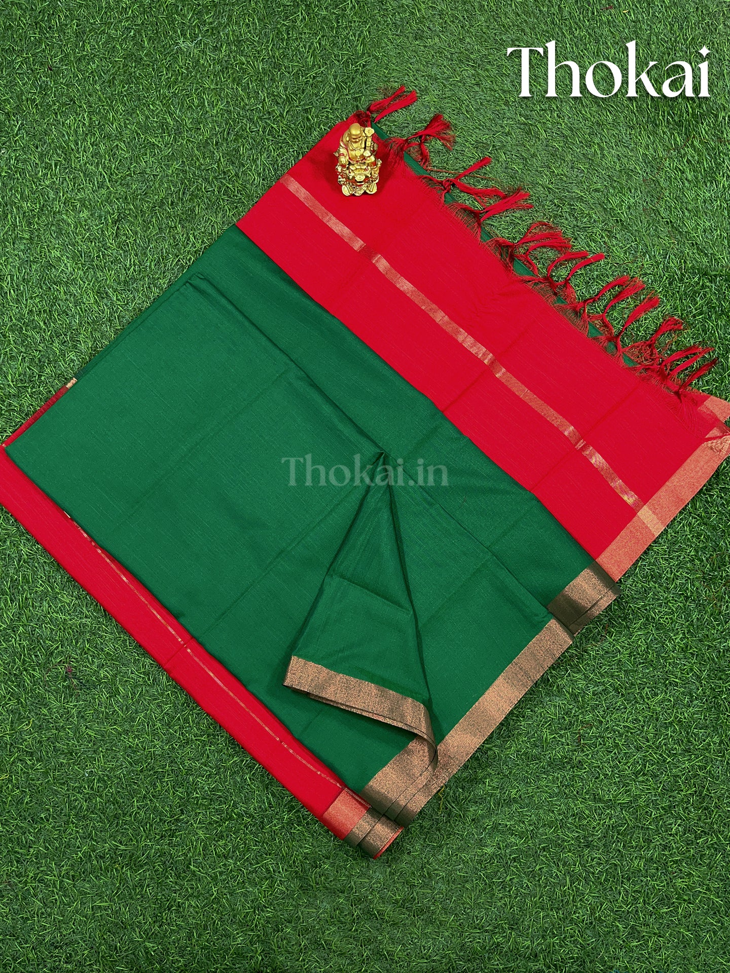 Green and red magizham semi linen silk saree