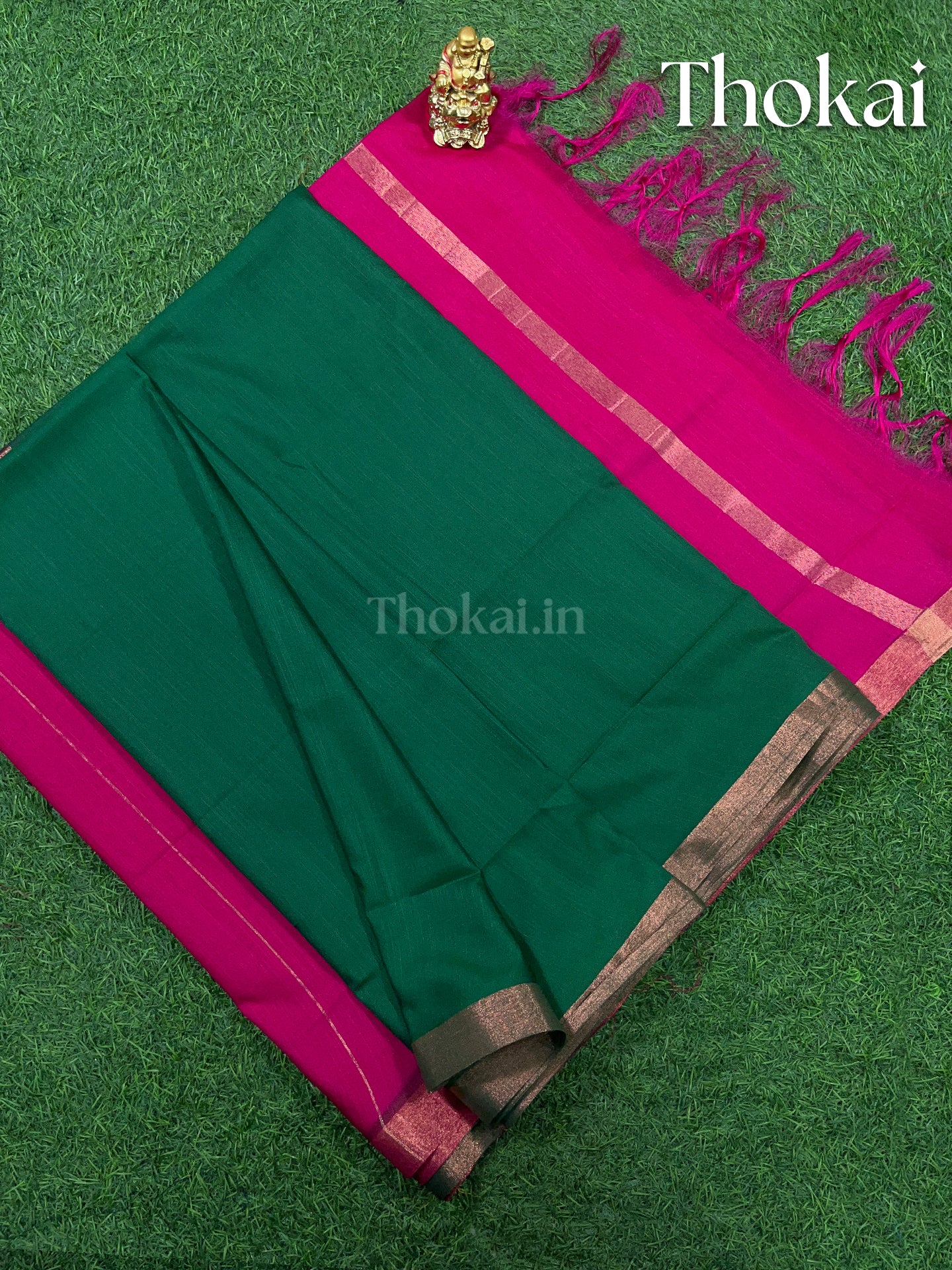 Green and pink magizham semi linen silk saree