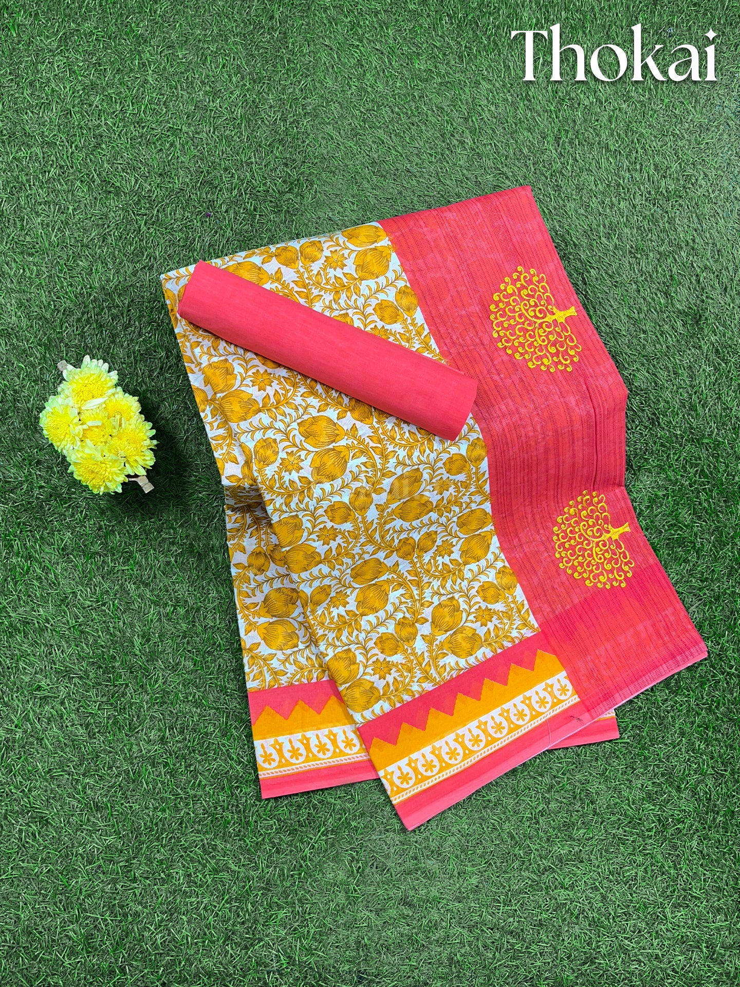 Mustard yellow and red embroidered cotton saree