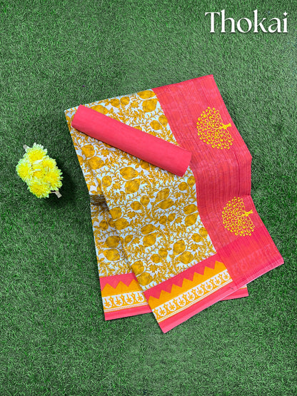 Mustard yellow and red embroidered cotton saree