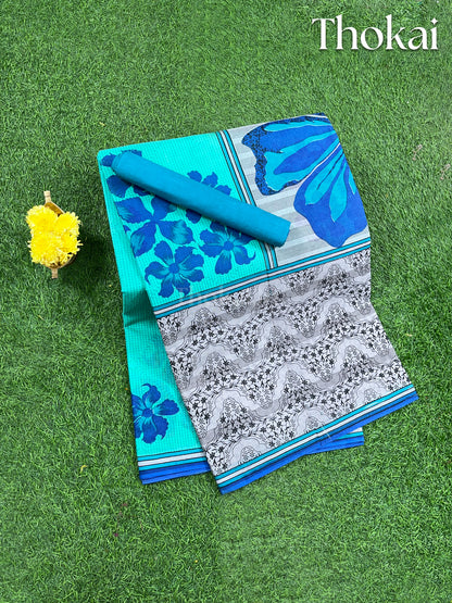 Blue printed cotton saree