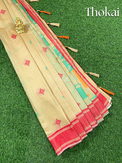 Cream and red chanderi cotton saree