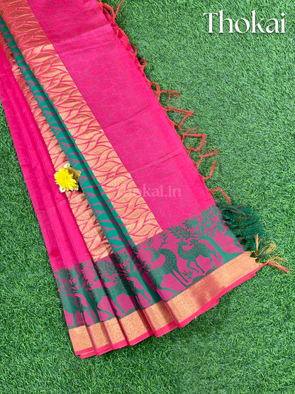 Pink and turquoise chanderi silk cotton saree