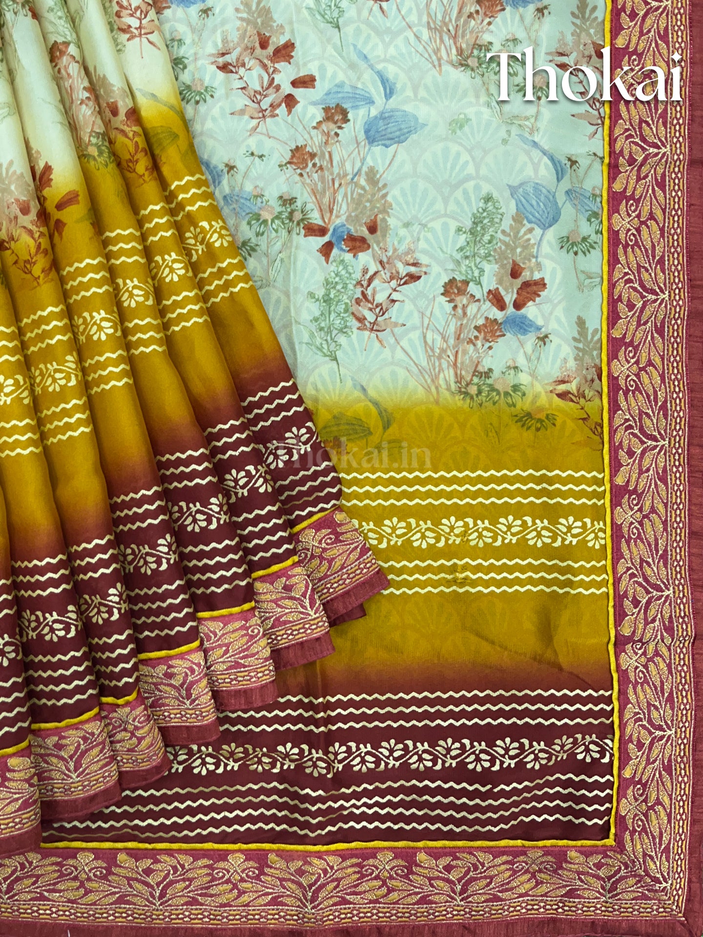 Mustard yellow and maroon georgette saree
