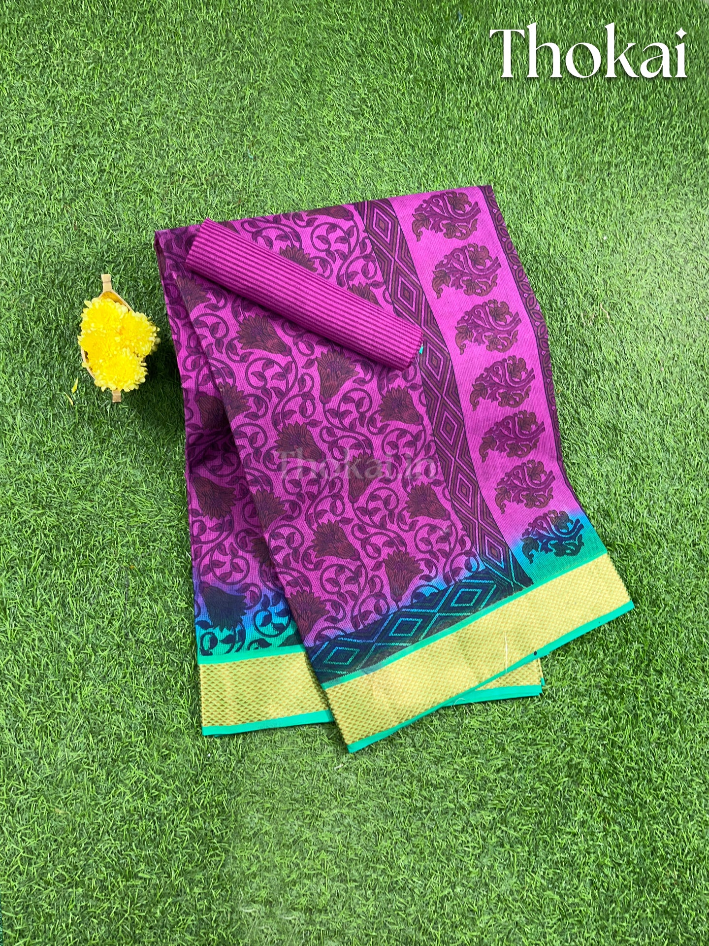 Purple and green printed cotton saree