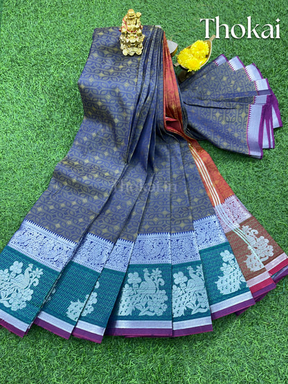 Dark blue and brown semi silk saree