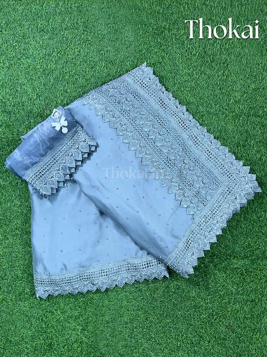 Grey satin silk saree