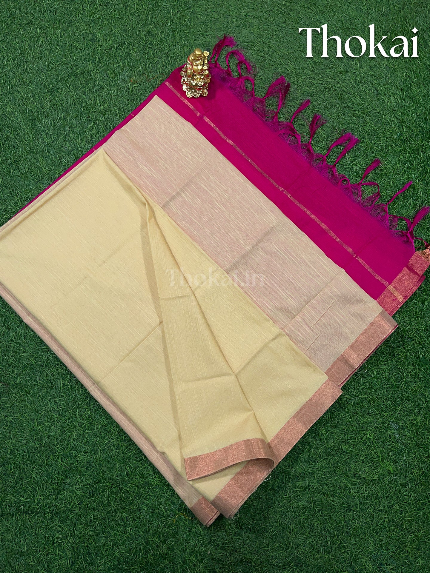 Sandal and pink magizham semi linen silk saree