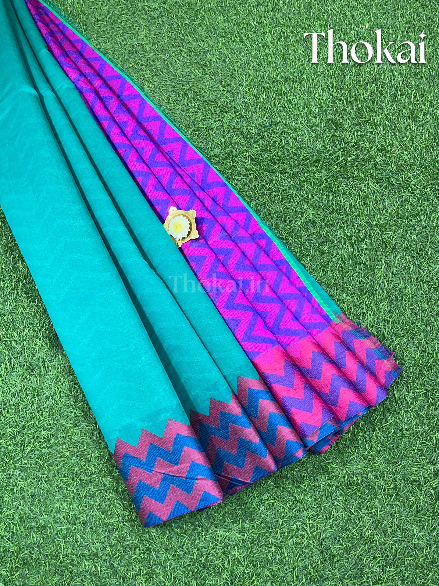 Turquoise green and violet chanderi silk cotton saree