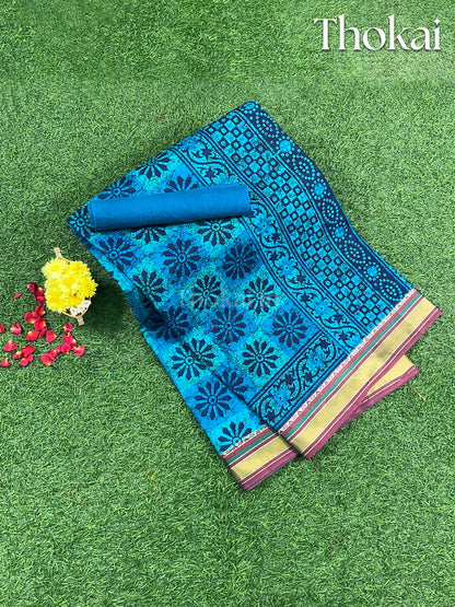 Blue printed cotton saree