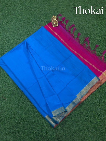 Blue and pink magizham semi linen silk saree