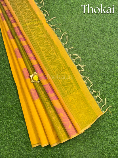 Mustard yellow chanderi silk cotton saree