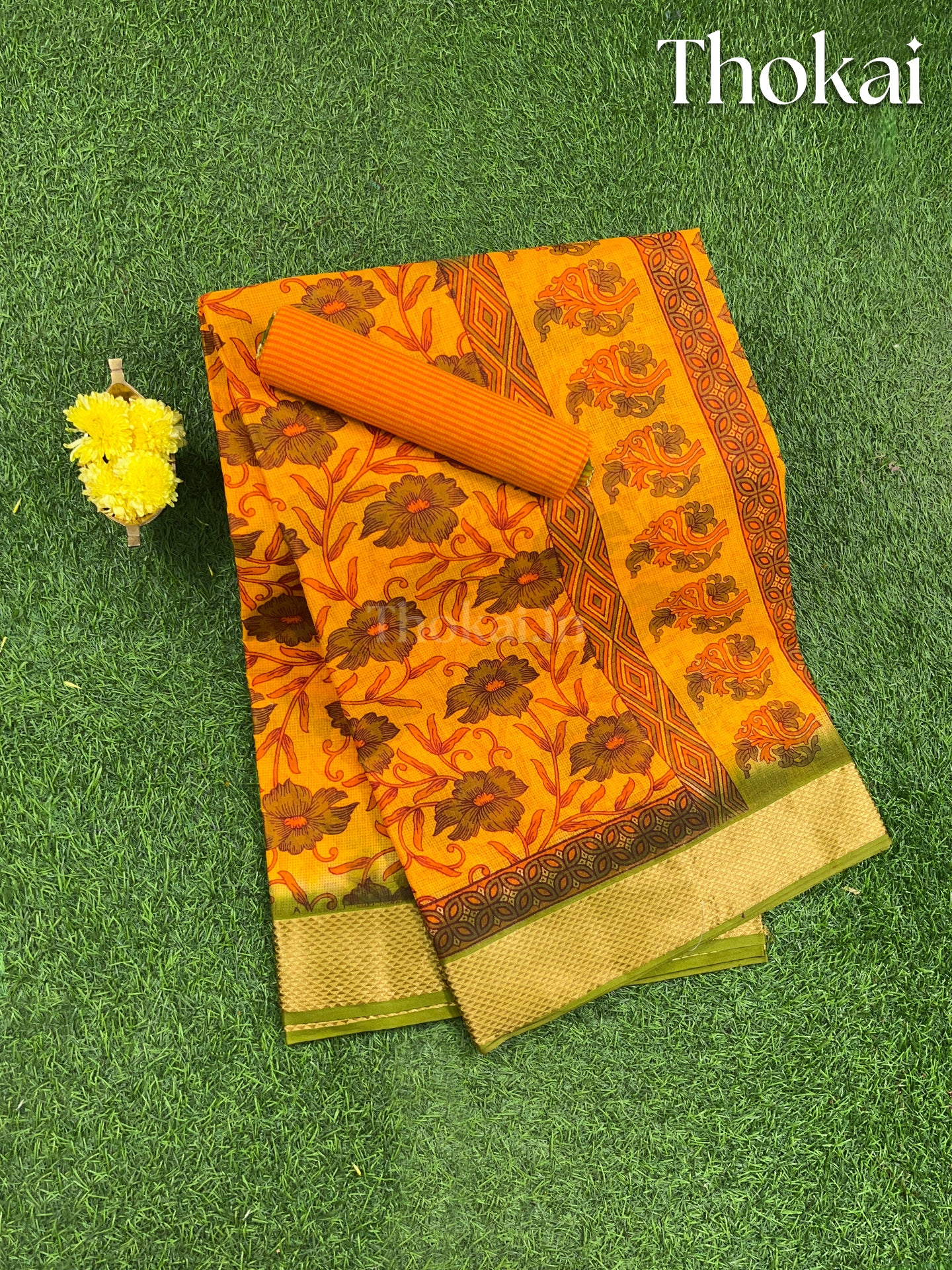 Mustard yellow and green printed cotton saree