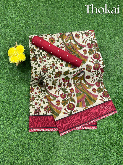 Cream and maroon printed cotton saree