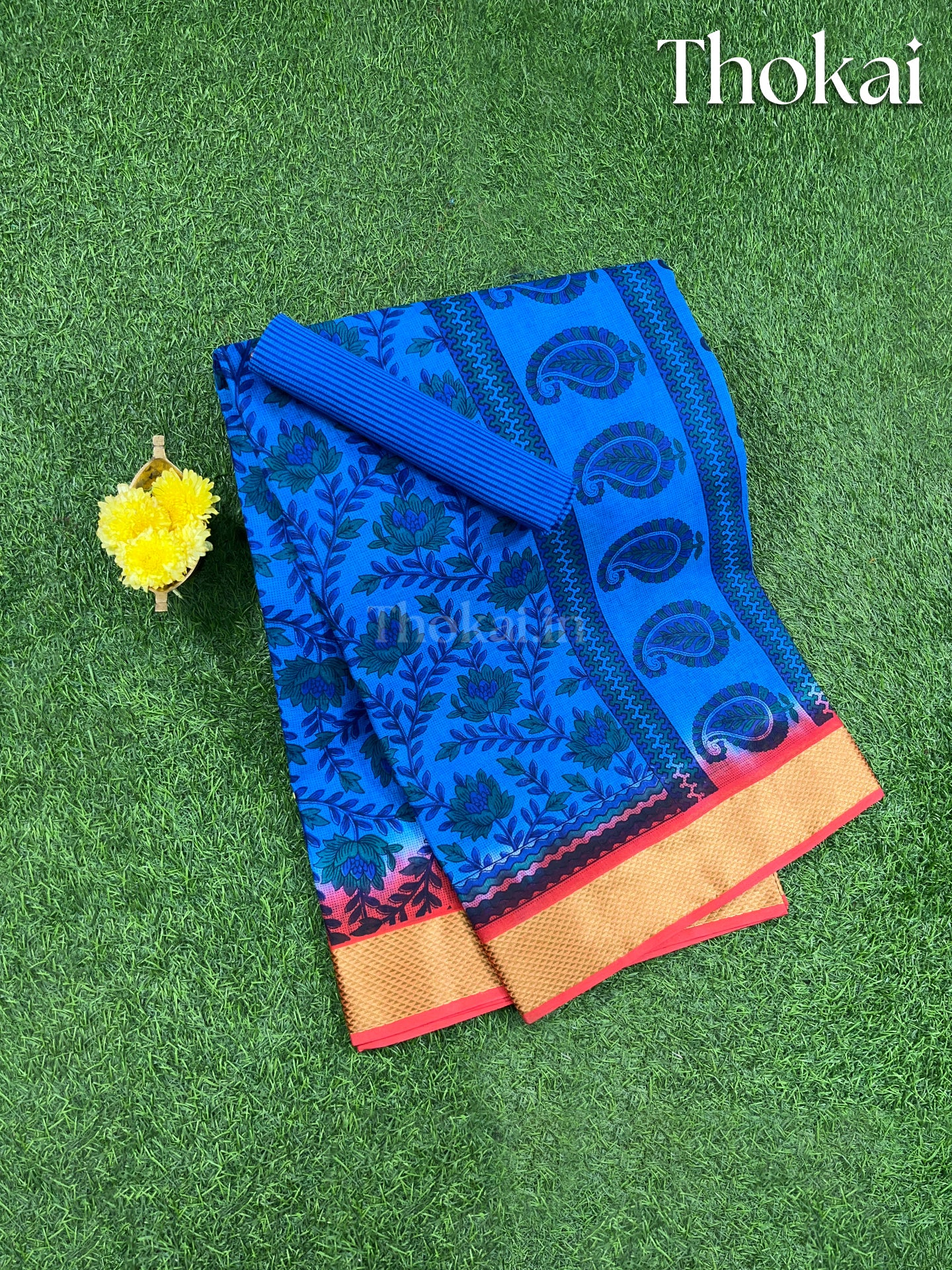 Blue and red printed cotton saree