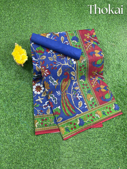 Blue and red printed cotton saree