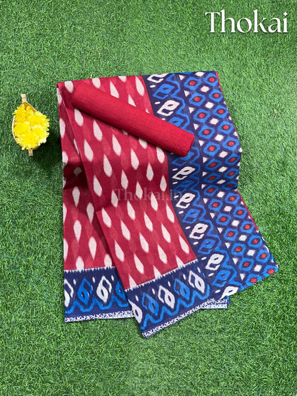 Red and blue printed cotton saree