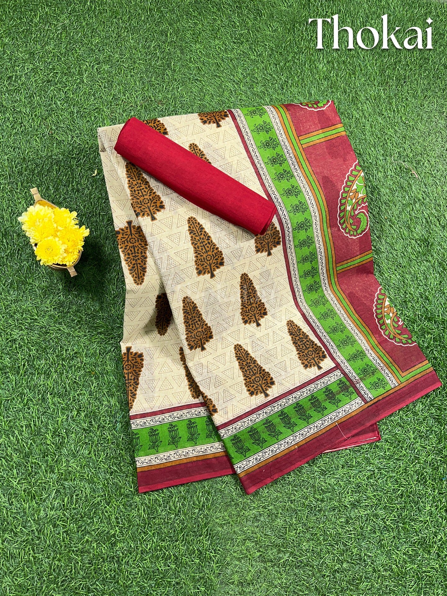 Milky white and maroon printed cotton saree