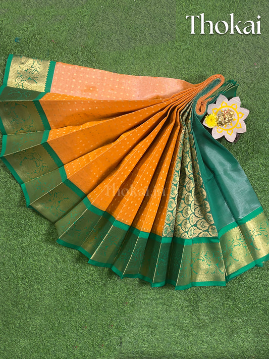 Orange and green tissue semi silk saree