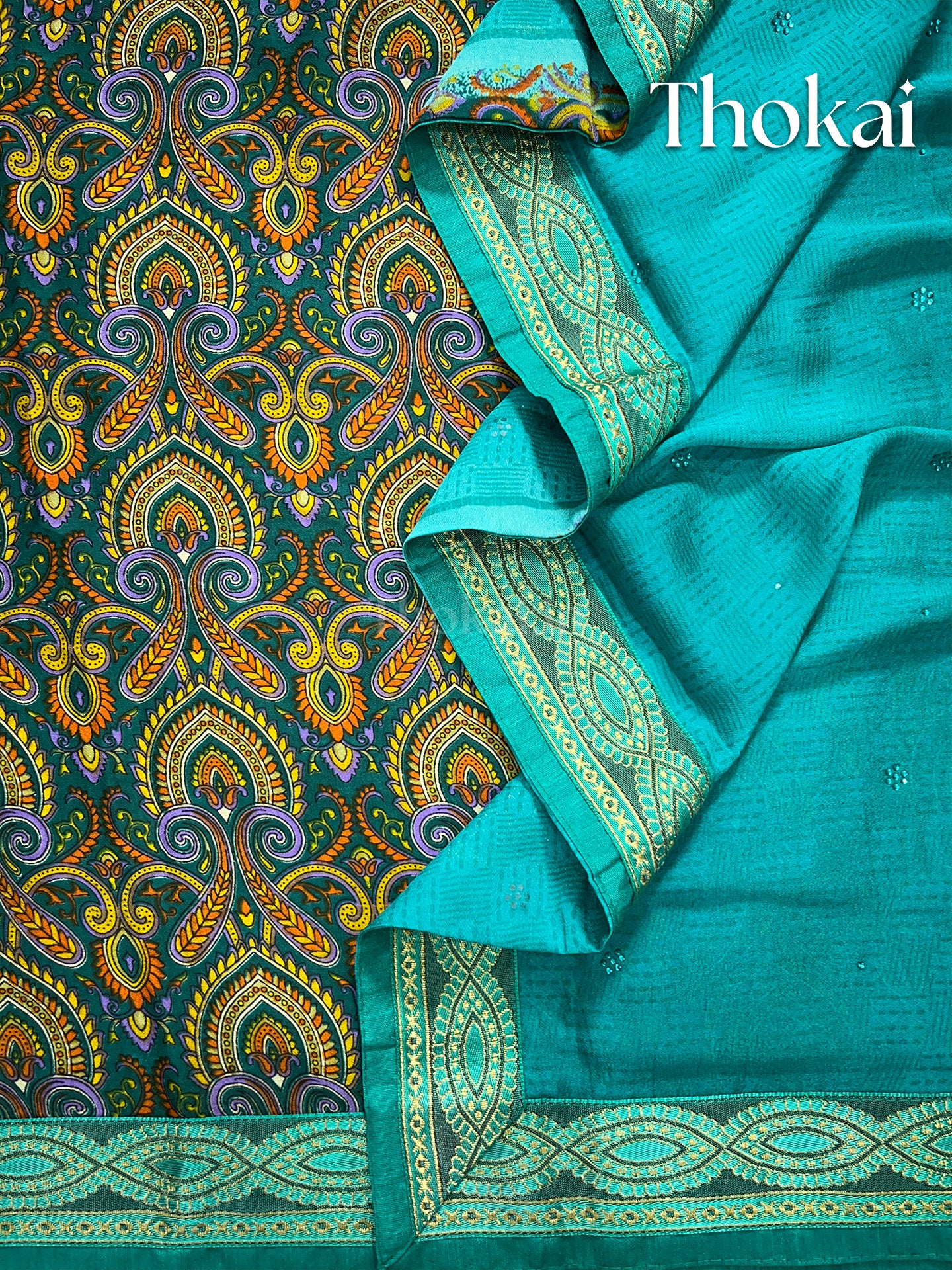 Turquoise and green georgette saree
