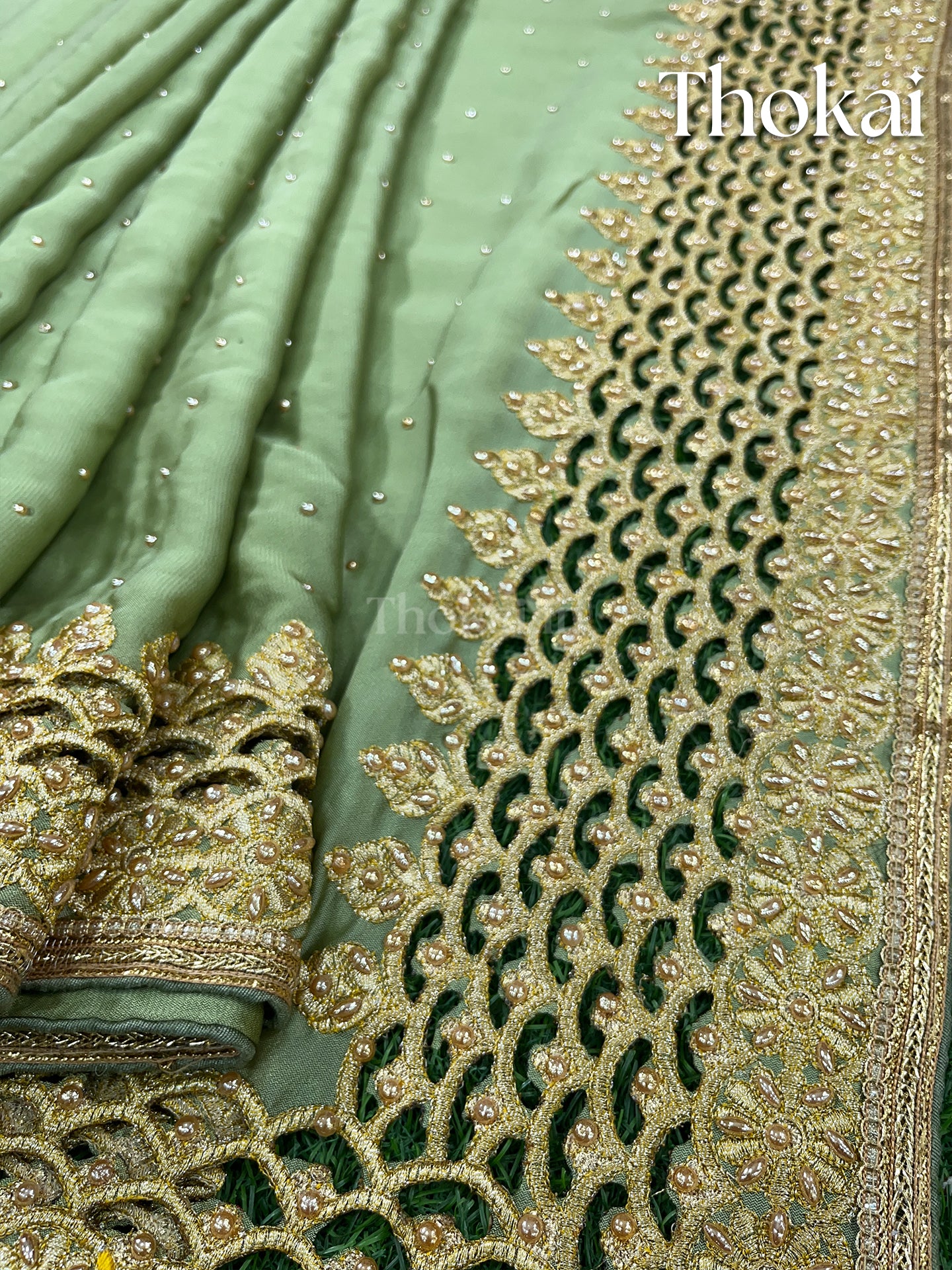 Pista green cut work satin silk saree